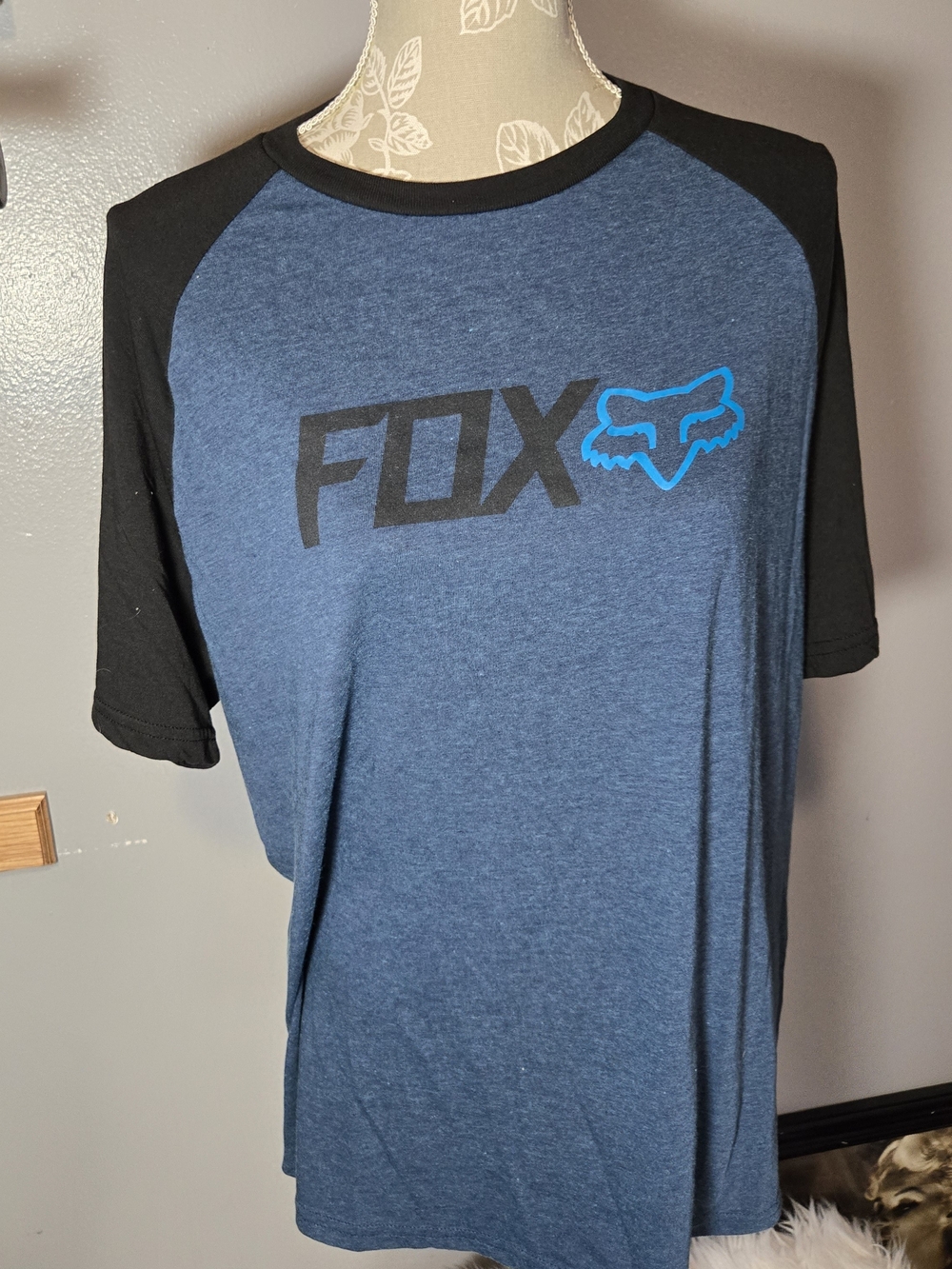 Fox Blue Raglan Short Sleeve Tee with Black Sleeves
